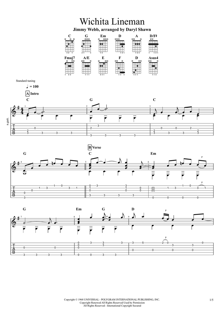 Wichita Lineman Guitar Tablature scores gallery preview page 1