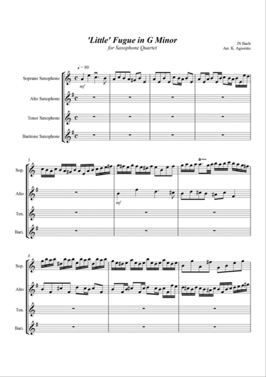 'Little' Fugue in G Minor - For Saxophone Quartet Saxophone Quartet scores gallery preview page 2