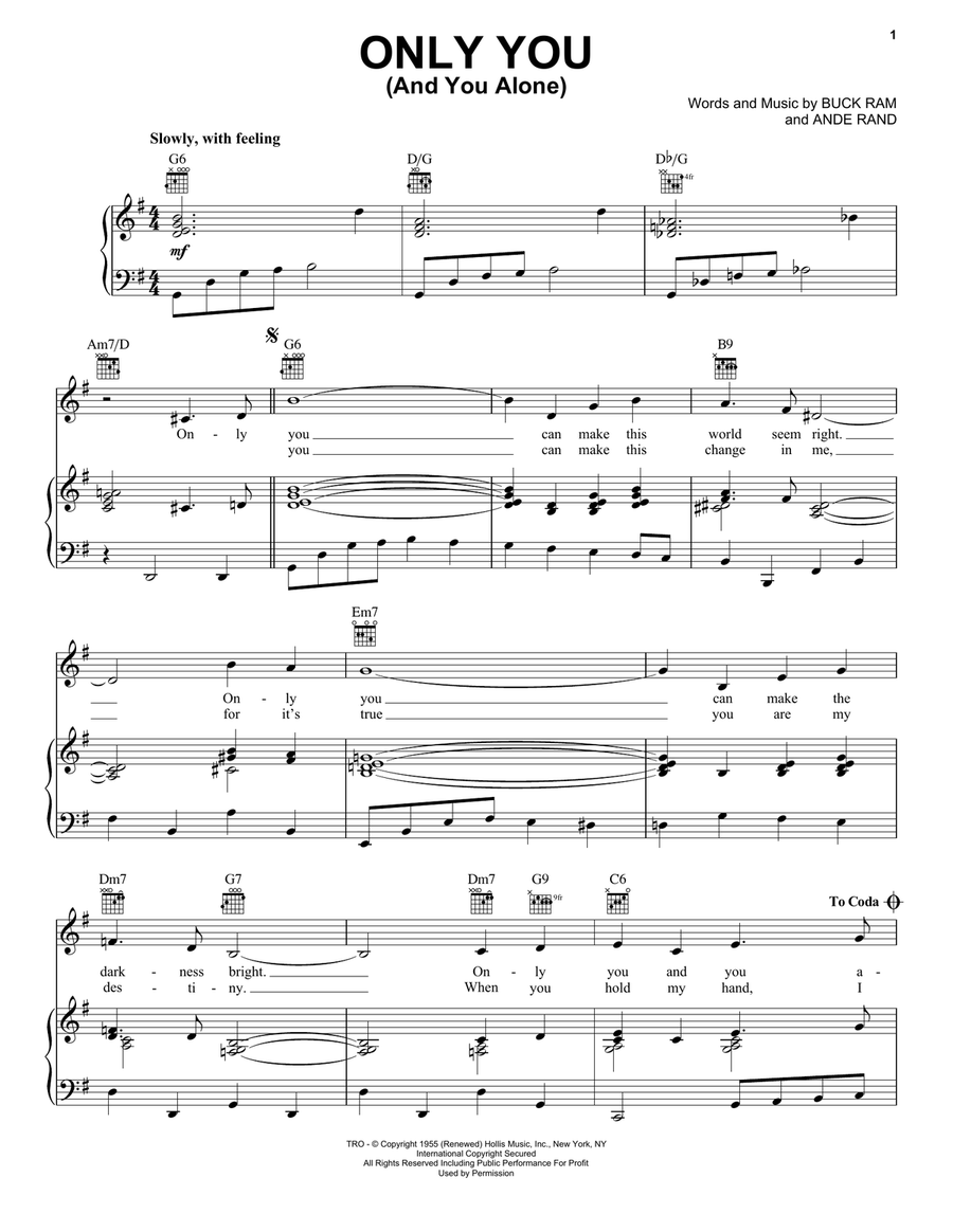 Only You (And You Alone) Piano, Vocal, Guitar scores gallery preview page 1