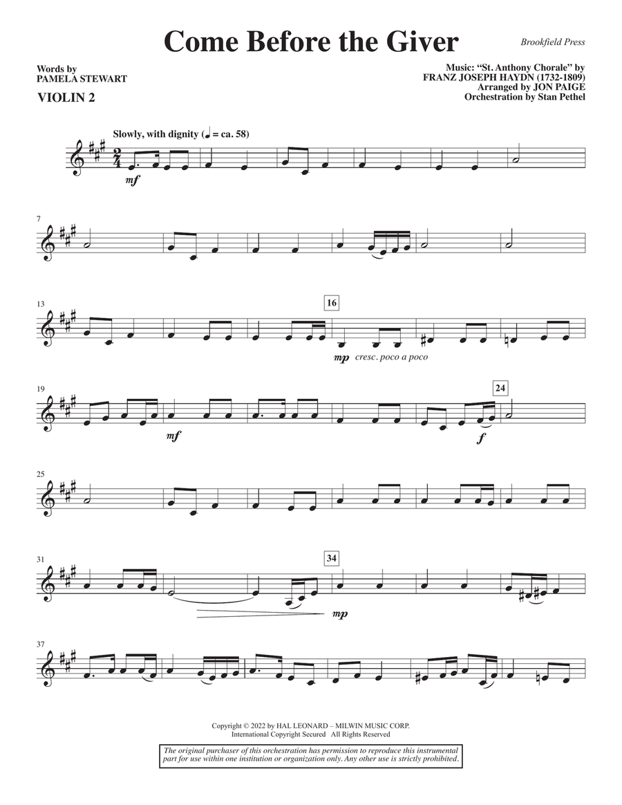 Come Before the Giver (arr. Jon Paige) - Violin 2