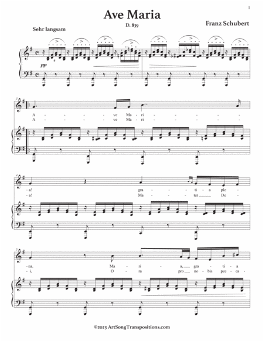 SCHUBERT: Ave Maria, D. 839 (transposed to G major and G-flat major) Piano, Vocal scores gallery preview page 2