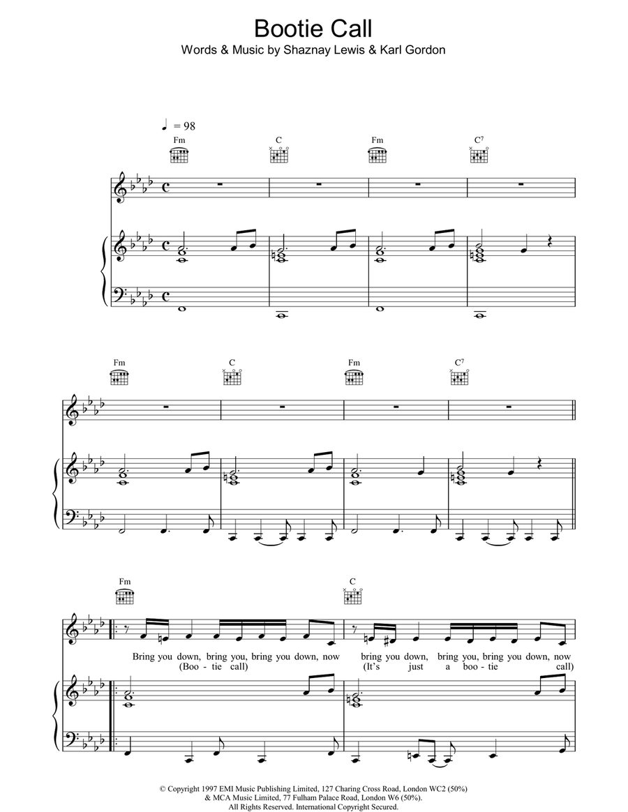 Bootie Call Bootie Call Piano, Vocal, Guitar scores gallery preview page 1