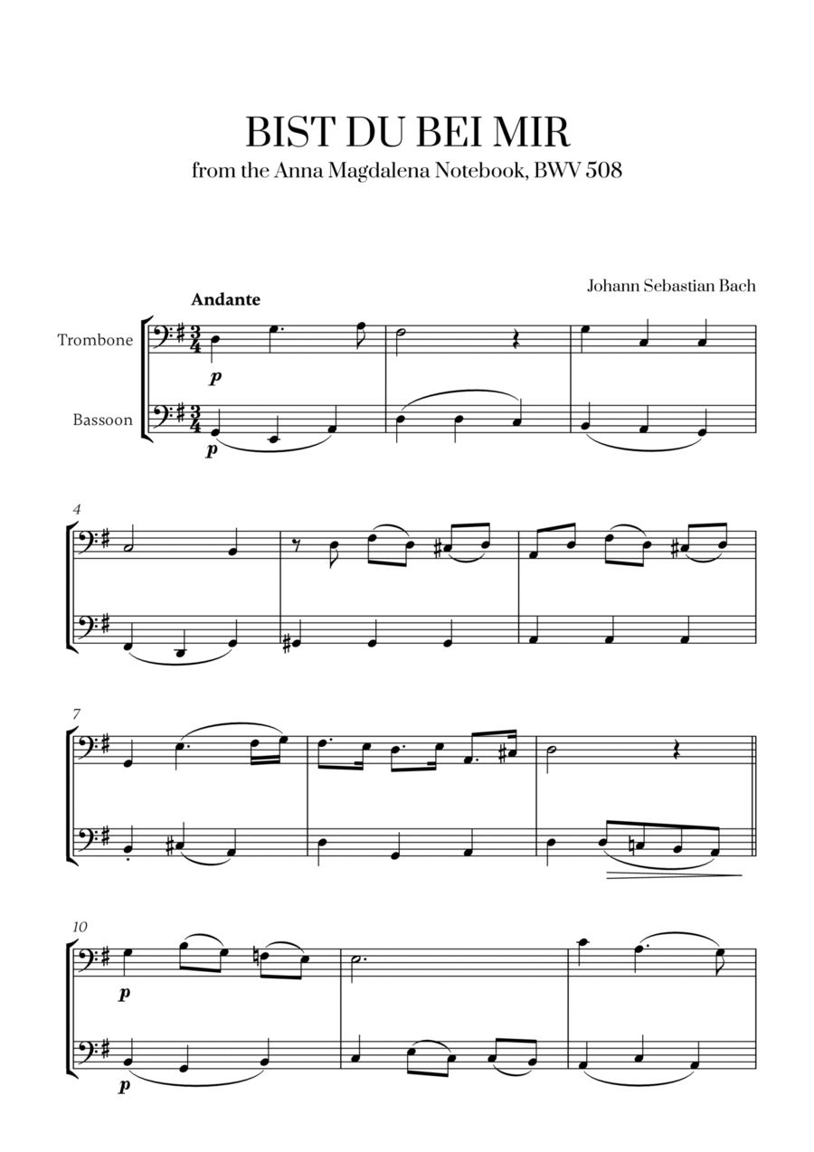 Johann Sebastian Bach - Bist du bei Mir (BWV 508) (G major) (for Trombone and Bassoon) Trombone Duet scores gallery preview page 1