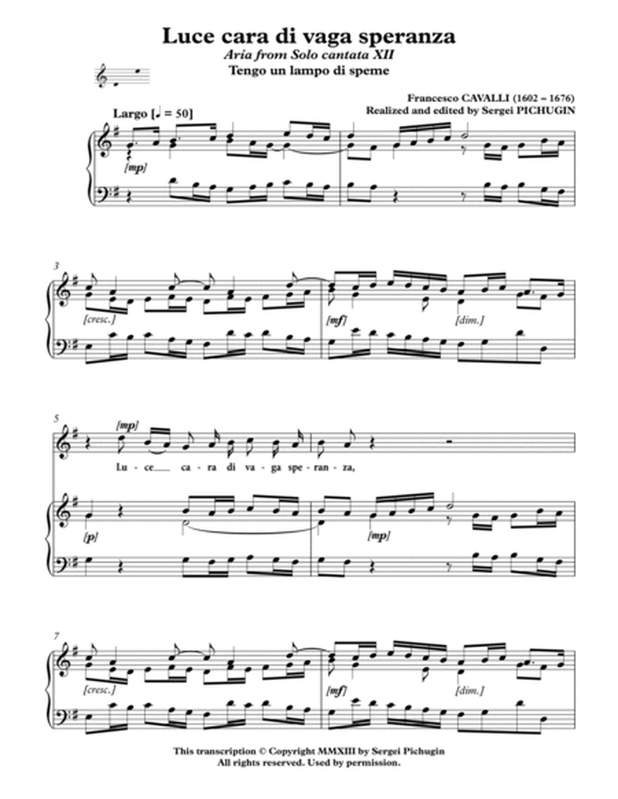 CAVALLI Francesco: Luce cara di vaga speranza, aria from the cantata, arranged for Voice and Piano ( image number null
