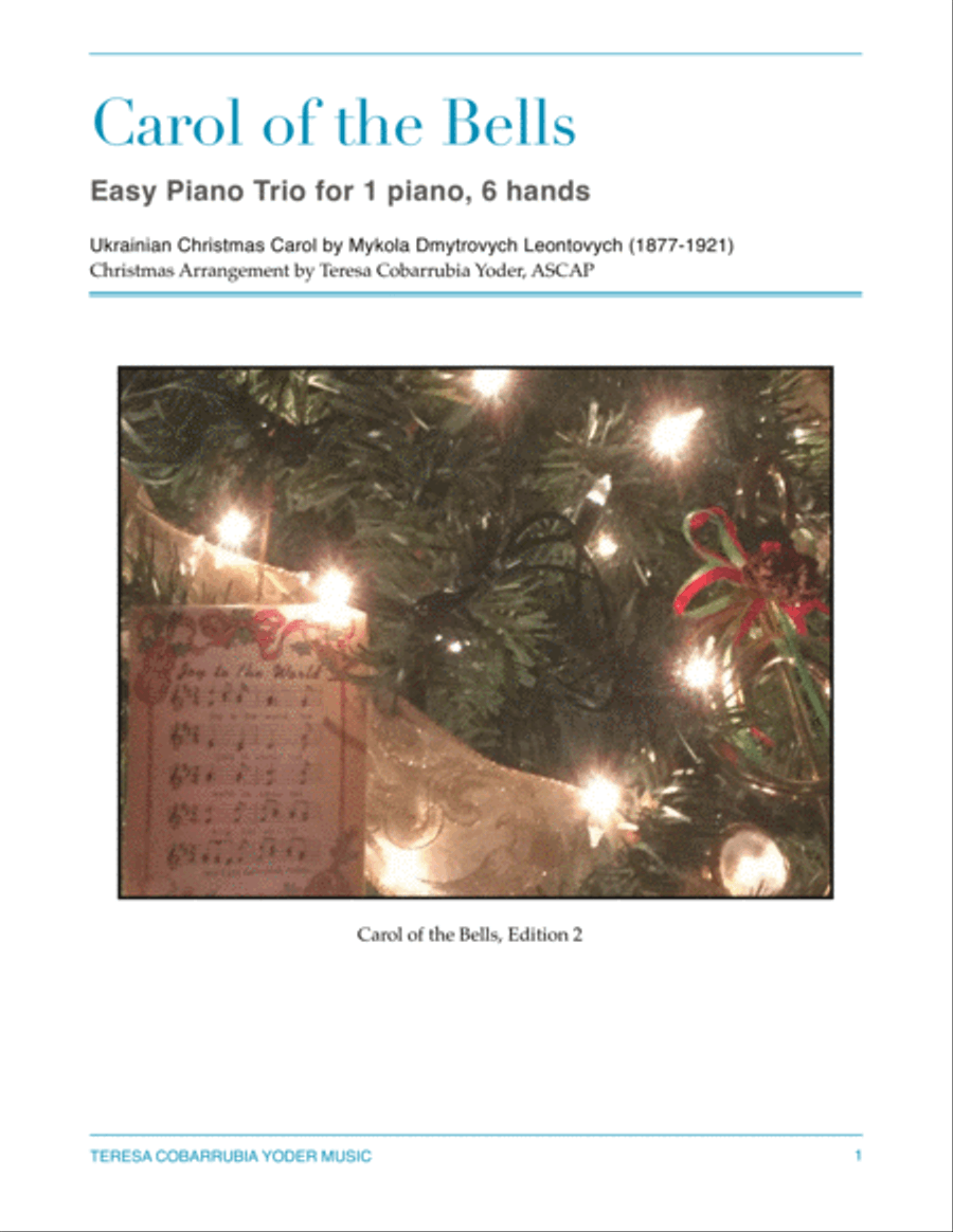 Carol of the Bells, Easy Piano Trio Arrangement (six hands, one piano) by Teresa Cobarrubia Yoder, A A Cappella scores gallery preview page 1