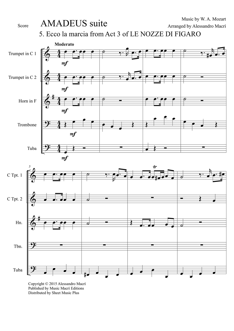 AMADEUS suite - 5. Ecco la marcia from Act 3 of LE NOZZE DI FIGARO Brass Ensemble scores gallery preview page 2