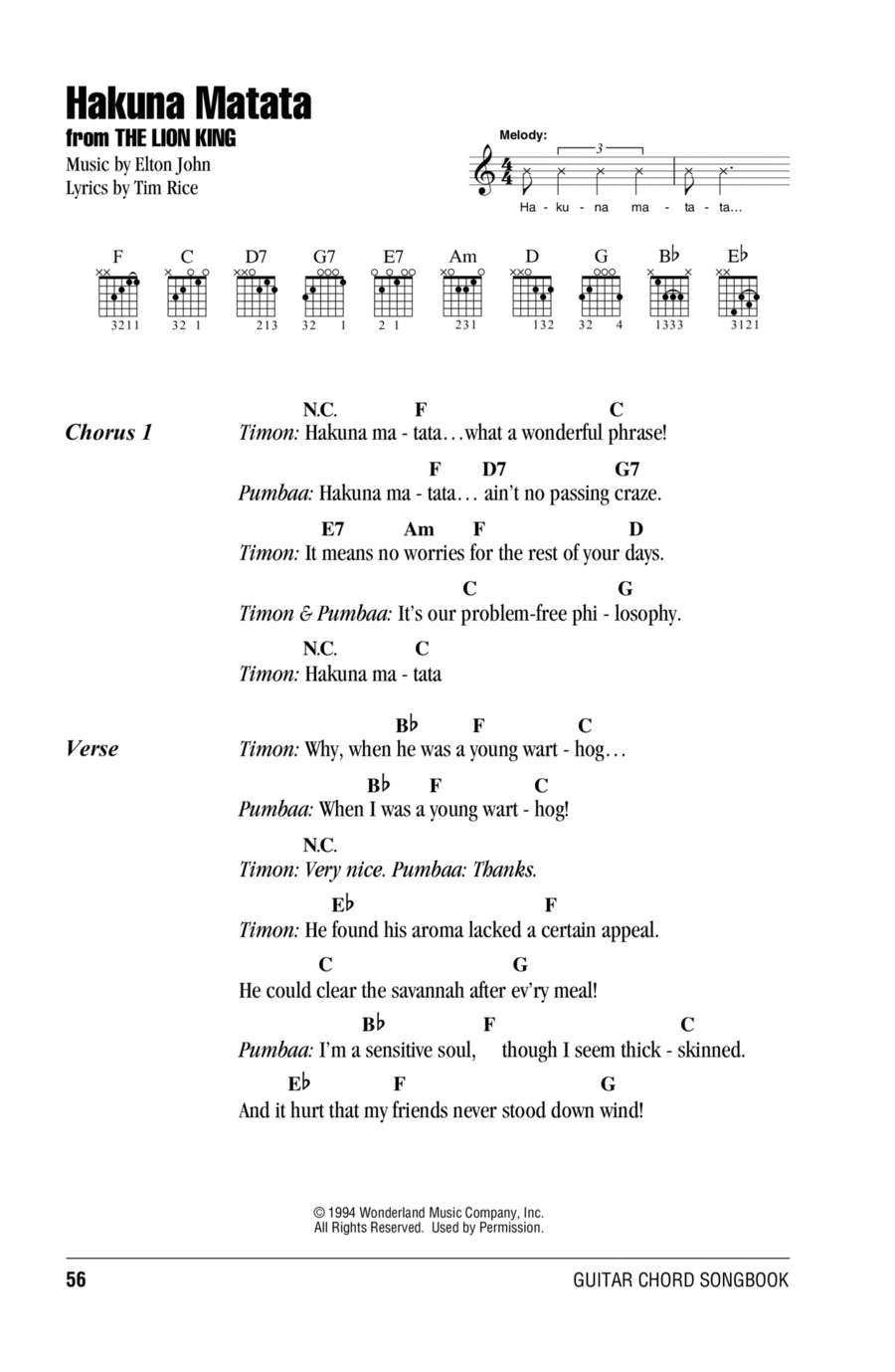 Hakuna Matata (from The Lion King) Easy Guitar scores gallery preview page 1