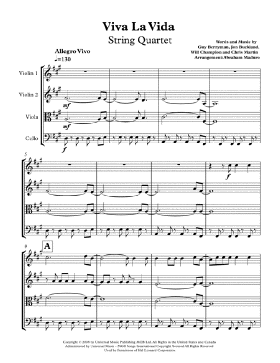 Viva La Vida String Quartet scores gallery preview page 1