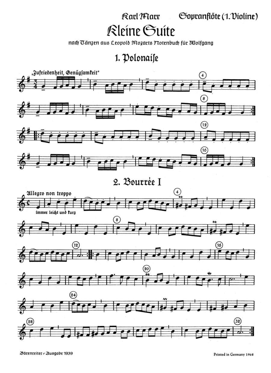Kleine Suite nach Tänzen aus Leopold Mozarts Notenbuch für Wolfgang für Blockflötenquartett, Streichquartett oder andere Instrumente Soprano Recorder scores gallery preview page 1
