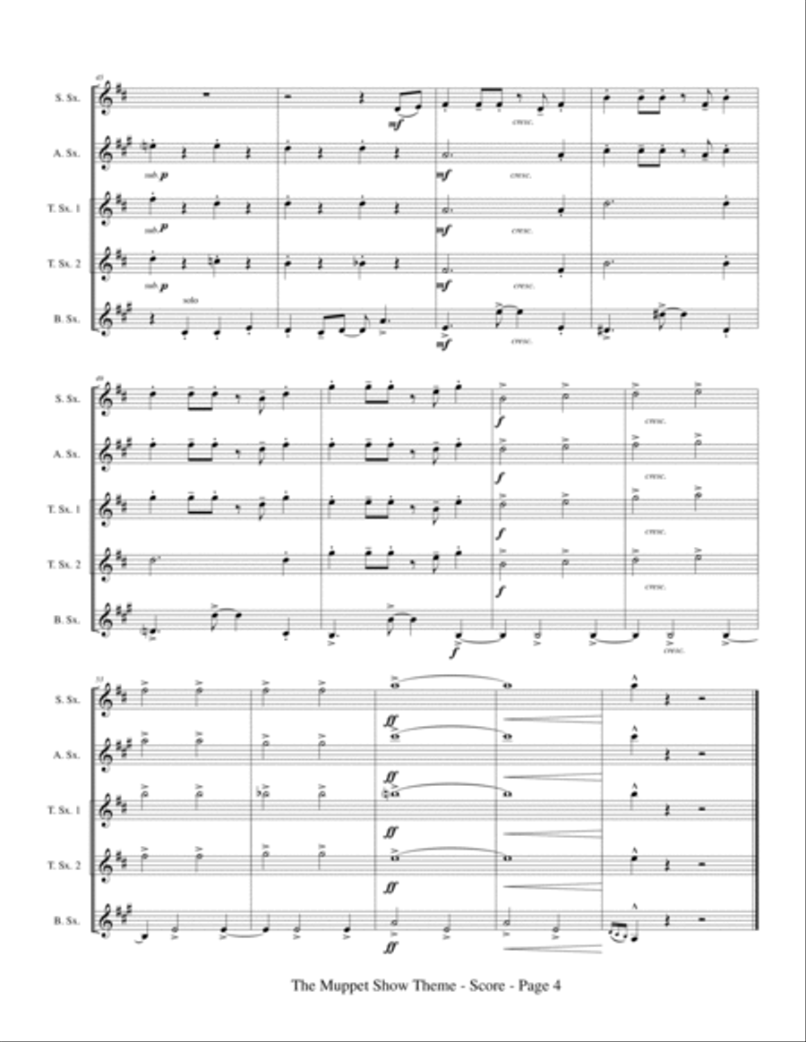 The Muppet Show Theme Saxophone Quintet scores gallery preview page 6