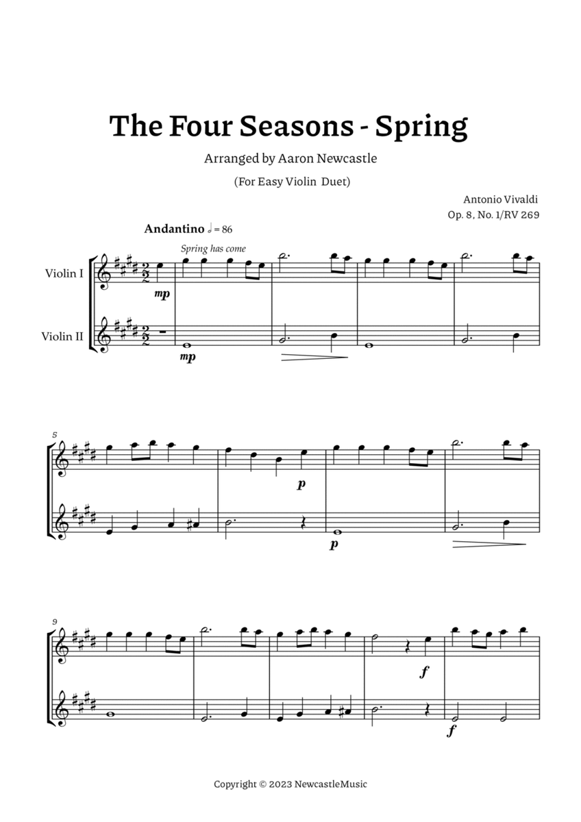 Vivaldi, Spring (The Four Seasons) — For Easy Violin Duet. Score and Parts. image number null