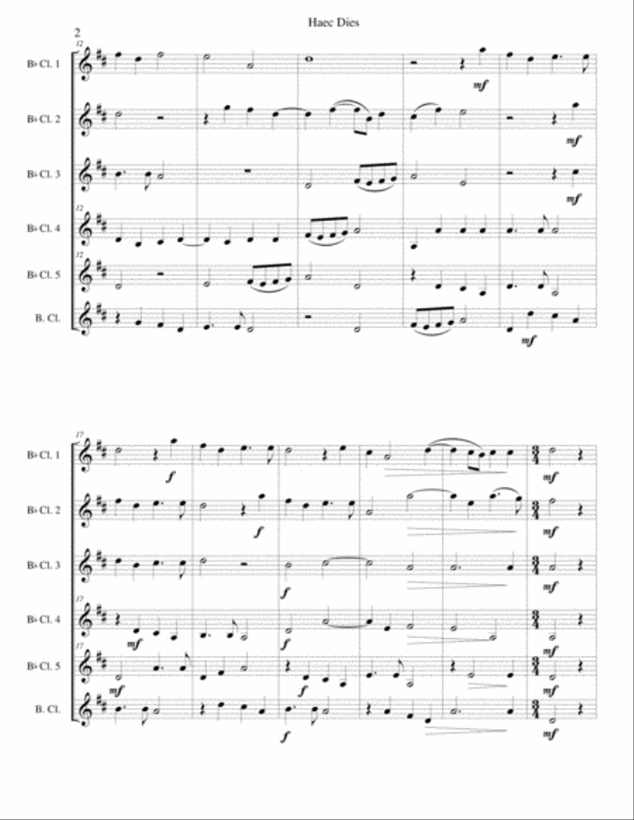 Haec Dies for clarinet sextet (5 B flat clarinets and 1 Bass clarinet) B-Flat Clarinet scores gallery preview page 2