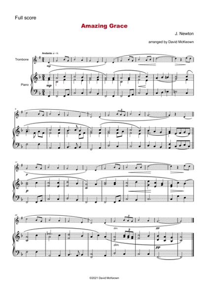Amazing Grace, Gospel Hymn for Trombone (Treble Clef in B Flat) and Piano