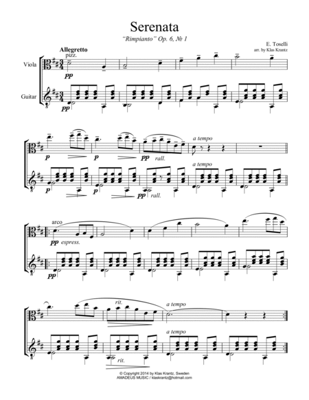 Serenata Rimpianto Op. 6 for viola and easy guitar (D Major) image number null