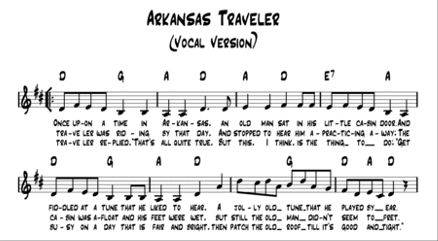 Arkansas Traveler (Old Time Fiddle Song) - Lead sheet in original key of D (instrumental and vocal) Large Ensemble scores gallery preview page 3