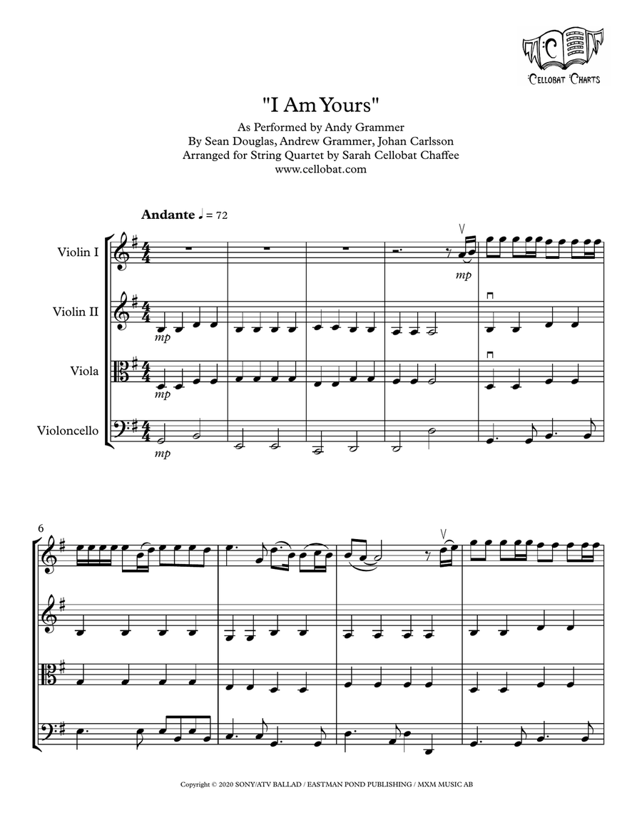 I Am Yours String Quartet - Digital Sheet Music