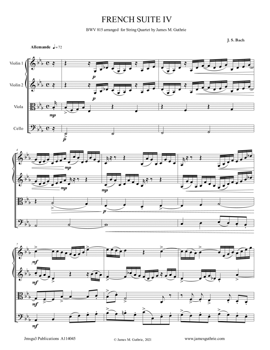 BACH: French Suite No. 4 BWV 815 for String Quartet String Quartet scores gallery preview page 1
