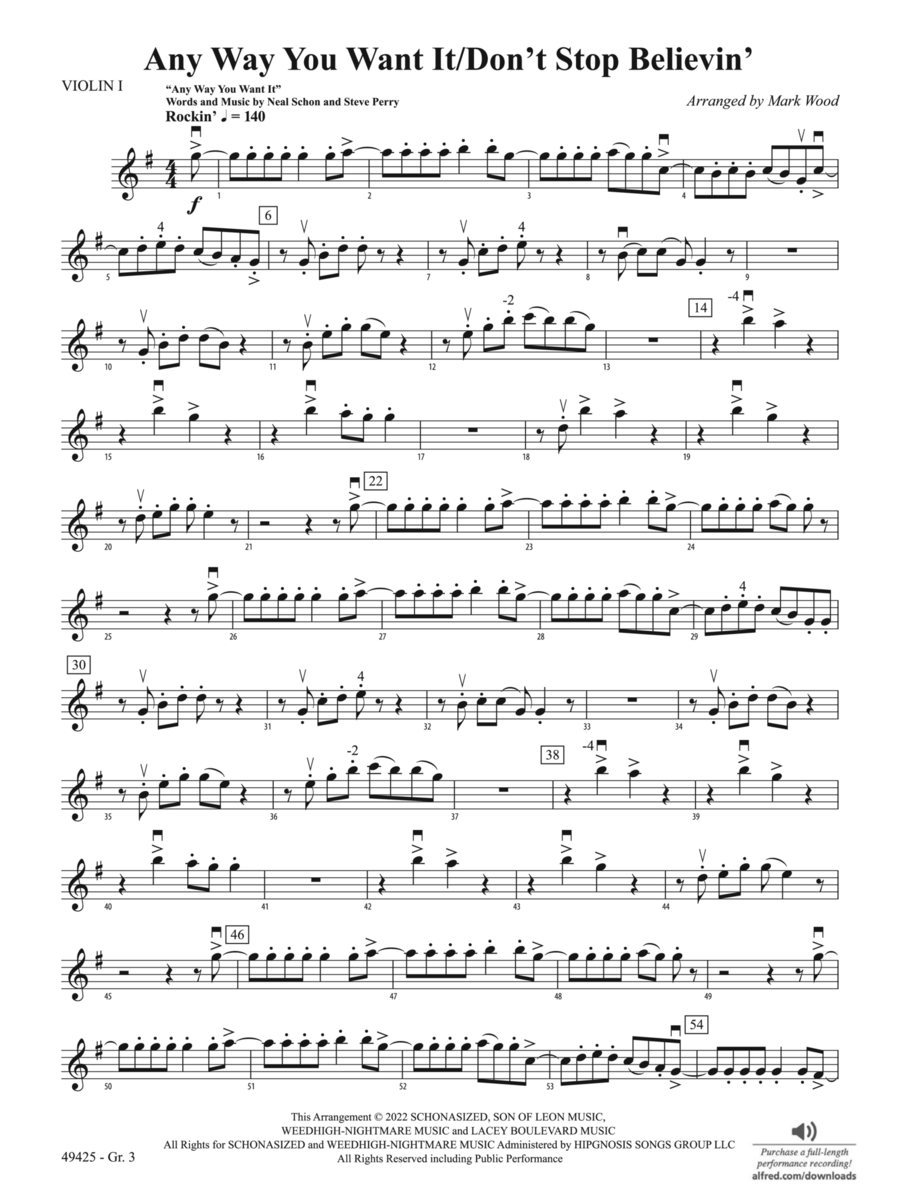 Any Way You Want It / Don't Stop Believin': Violin 1 - Grade 3 String Orchestra scores gallery preview page 1