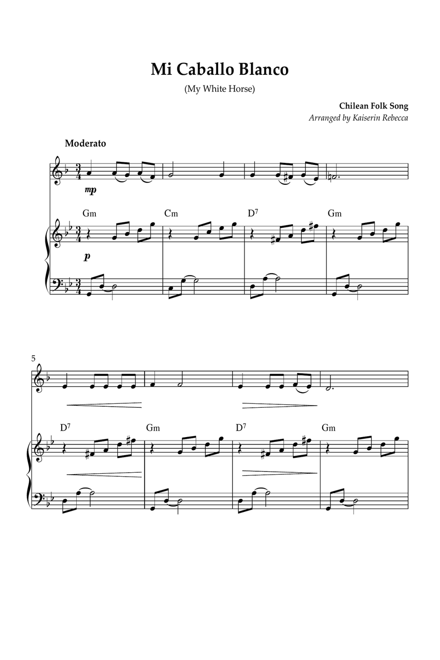 Mi Caballo Blanco (My White Horse) Piano scores gallery preview page 1