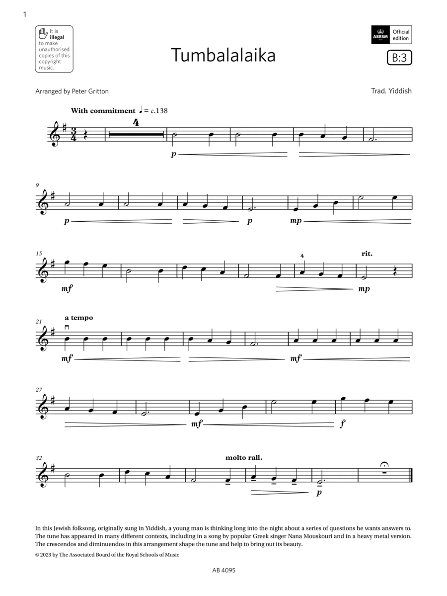 Tumbalalaika (Grade 1, B3, from the ABRSM Violin Syllabus from 2024) Violin Solo scores gallery preview page 1