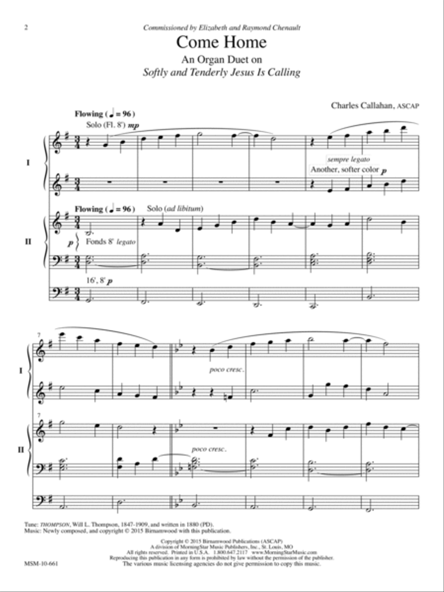 Come Home: An Organ Duet on Softly and Tenderly Jesus Is Calling (Downloadable)