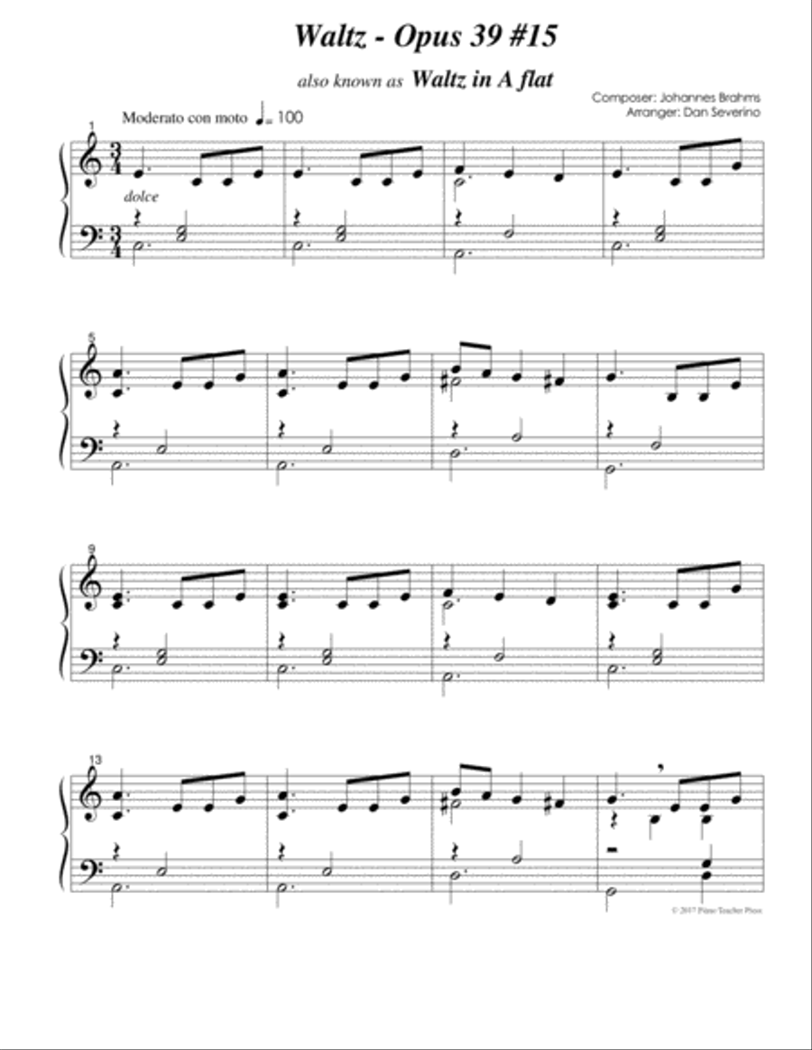 Brahms - Waltz in Ab (Opus 39 #15) Piano Method scores gallery preview page 2