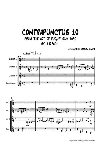 'Contrapunctus 10' By J.S.Bach BWV 1080 from 'The Art of the Fugue' for Clarinet Quartet. image number null