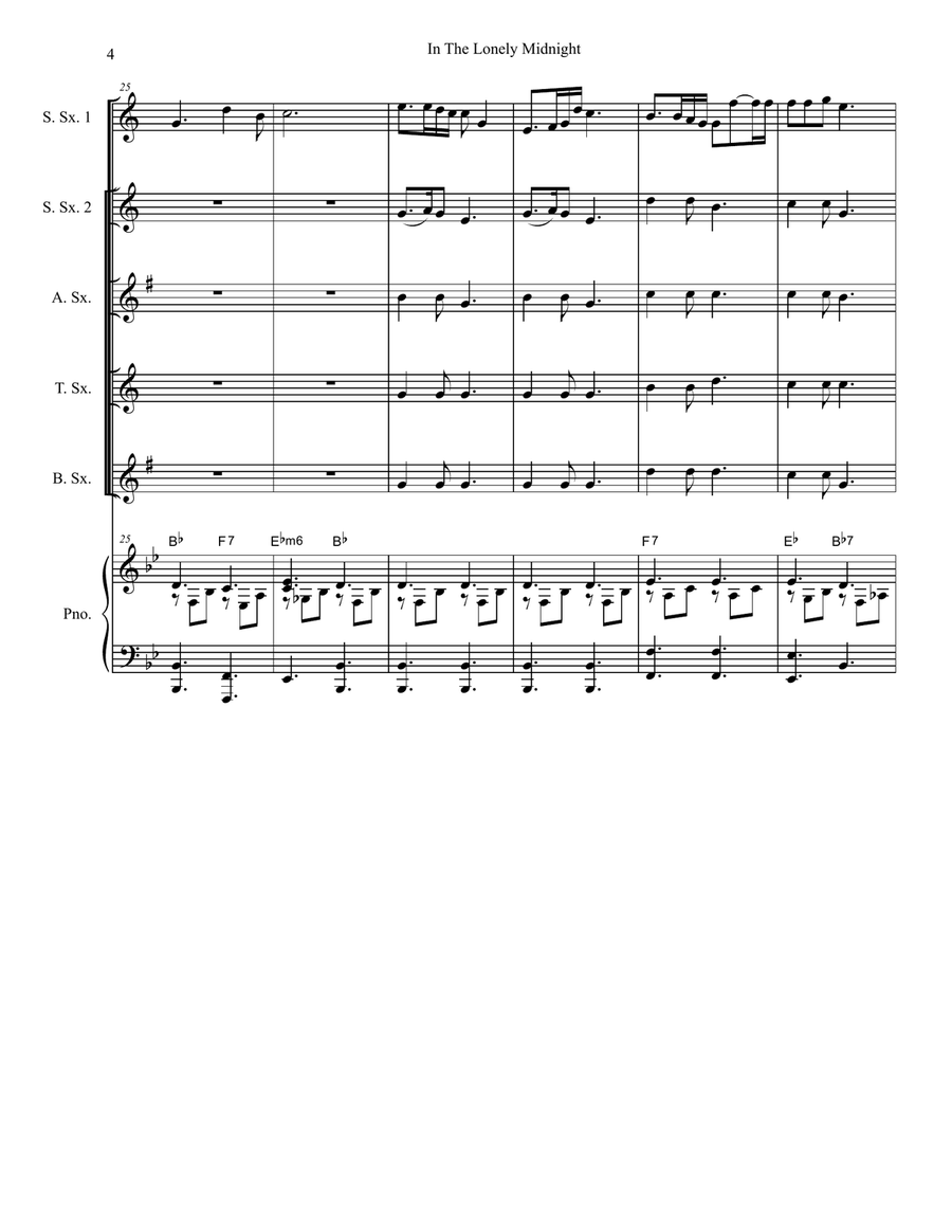 Silent Night / In The Lonely Midnight (for Saxophone Quintet and Piano) Saxophone Quintet scores gallery preview page 5