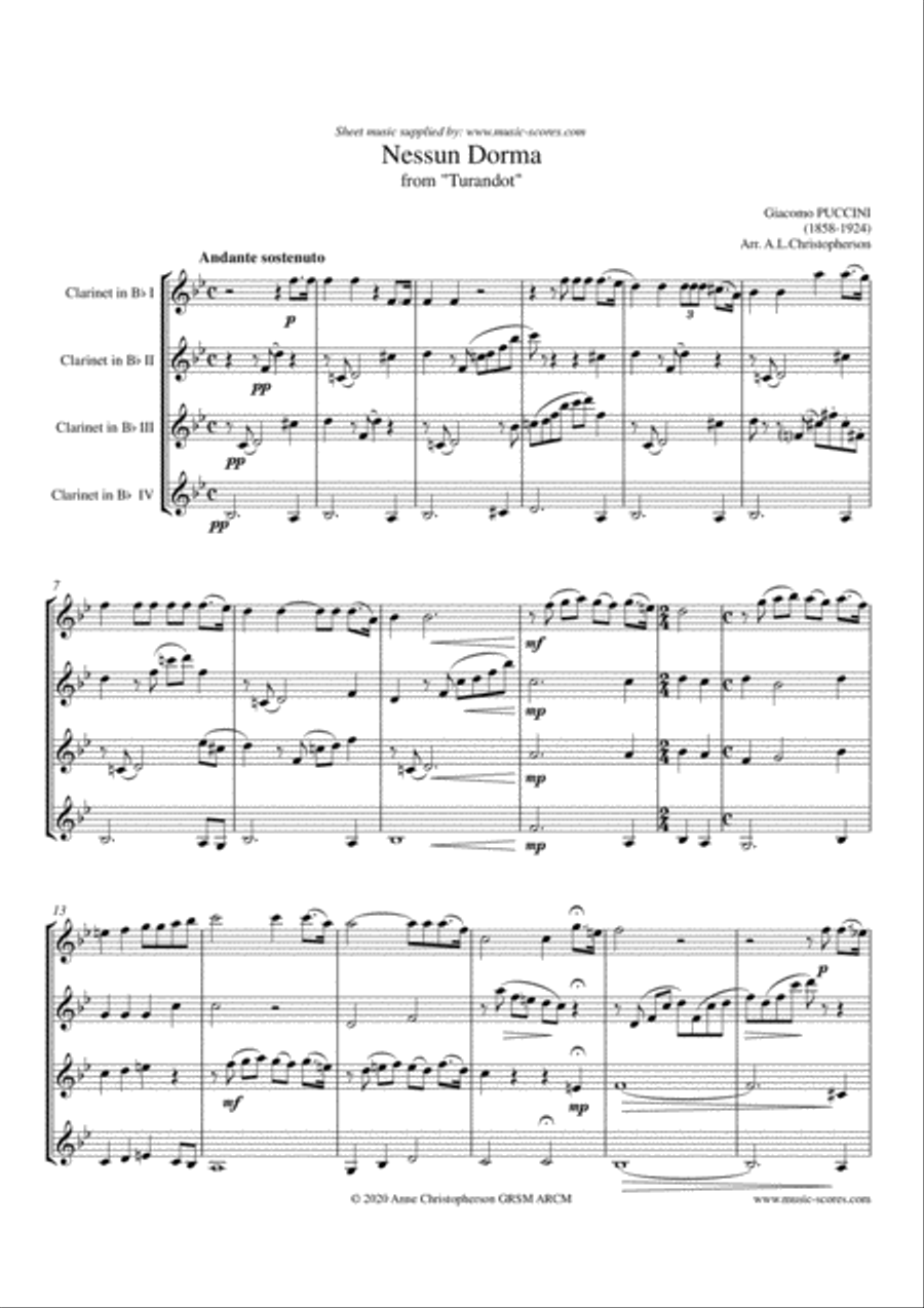 Nessun Dorma - Clarinet Quartet Clarinet Quartet scores gallery preview page 1