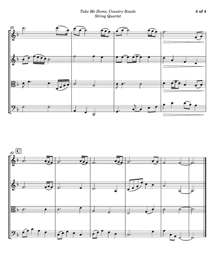 Take Me Home, Country Roads String Quartet scores gallery preview page 4