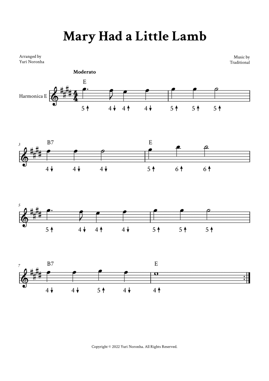 Mary Had a Little Lamb - For Harmonica in E Harmonica scores gallery preview page 1