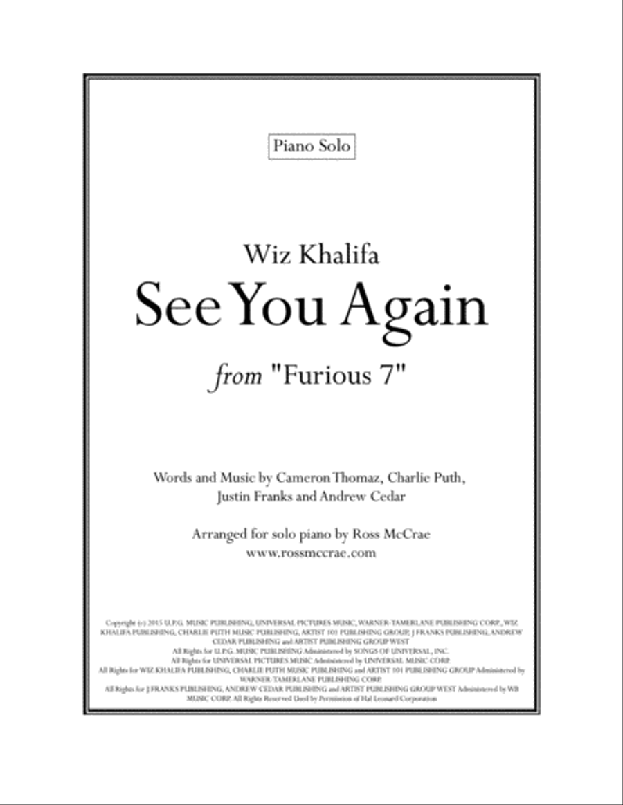 See You Again from FURIOUS 7 Piano Solo scores gallery preview page 1