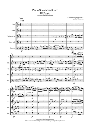 Book cover for Beethoven: Piano Sonata No.6 in F major Op.10 No.2 Mvt.III Presto - wind quintet