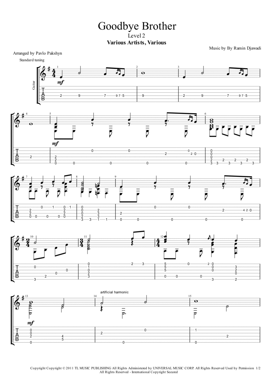 Goodbye Brother Guitar Tablature scores gallery preview page 1