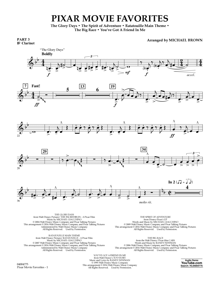 Pixar Movie Favorites - Pt.3 - Bb Clarinet Concert Band scores gallery preview page 1