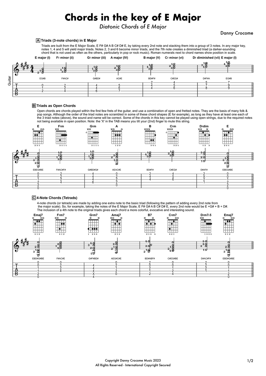 Chords in the key of E Major (Diatonic Chords of E Major) Acoustic Guitar scores gallery preview page 2