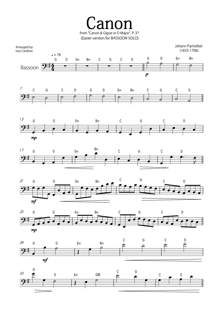 "Canon" by Pachelbel - EASY version for BASSOON SOLO. image number null