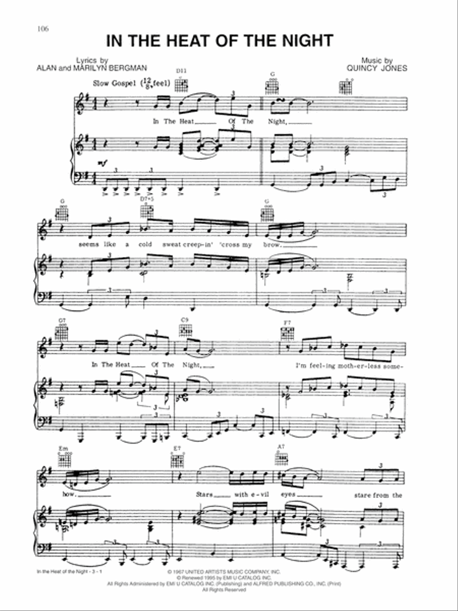 In the Heat of the Night Piano, Vocal, Guitar scores gallery preview page 1