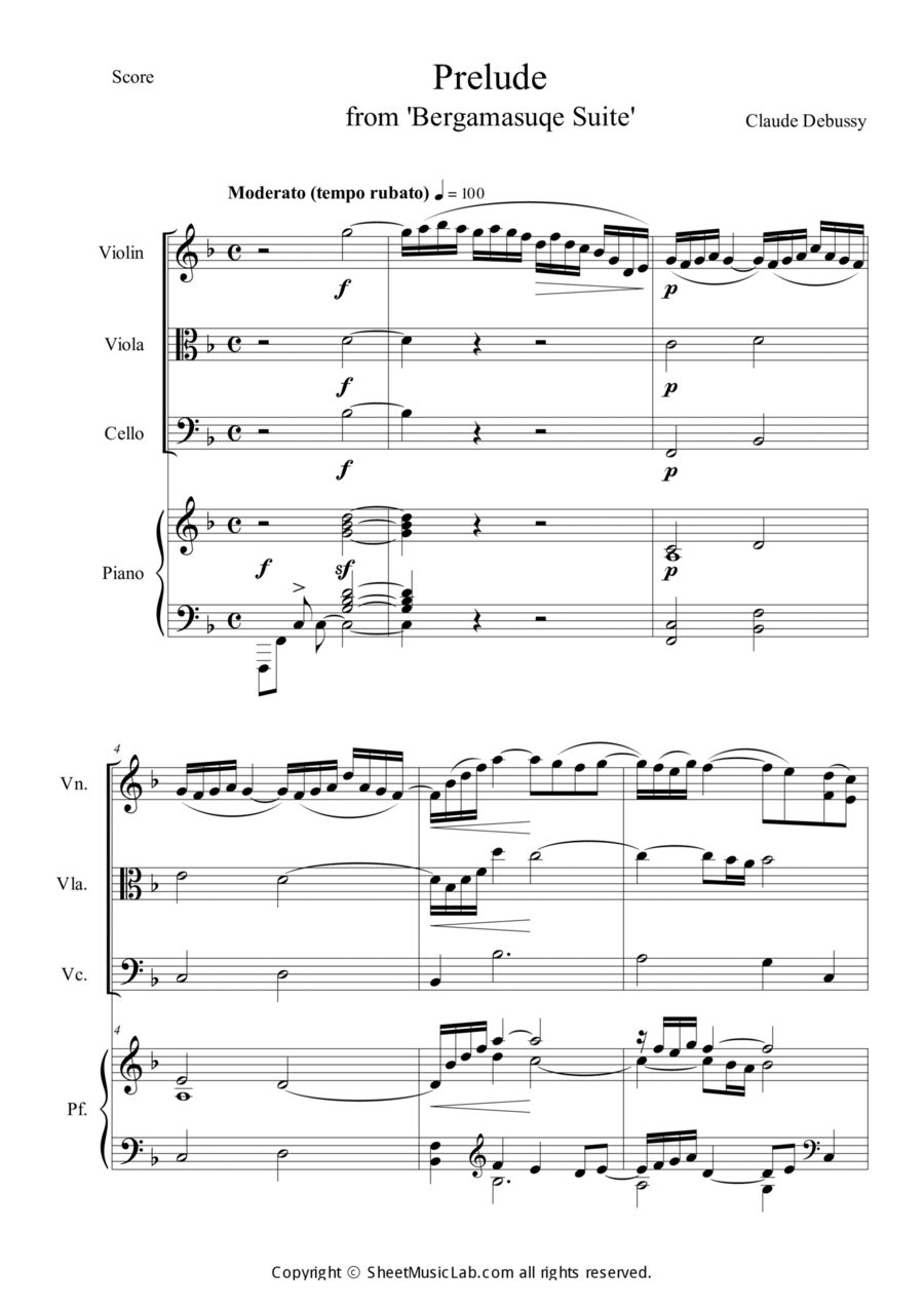 Prelude from Bergamasuqe Suite Piano Quartet scores gallery preview page 1