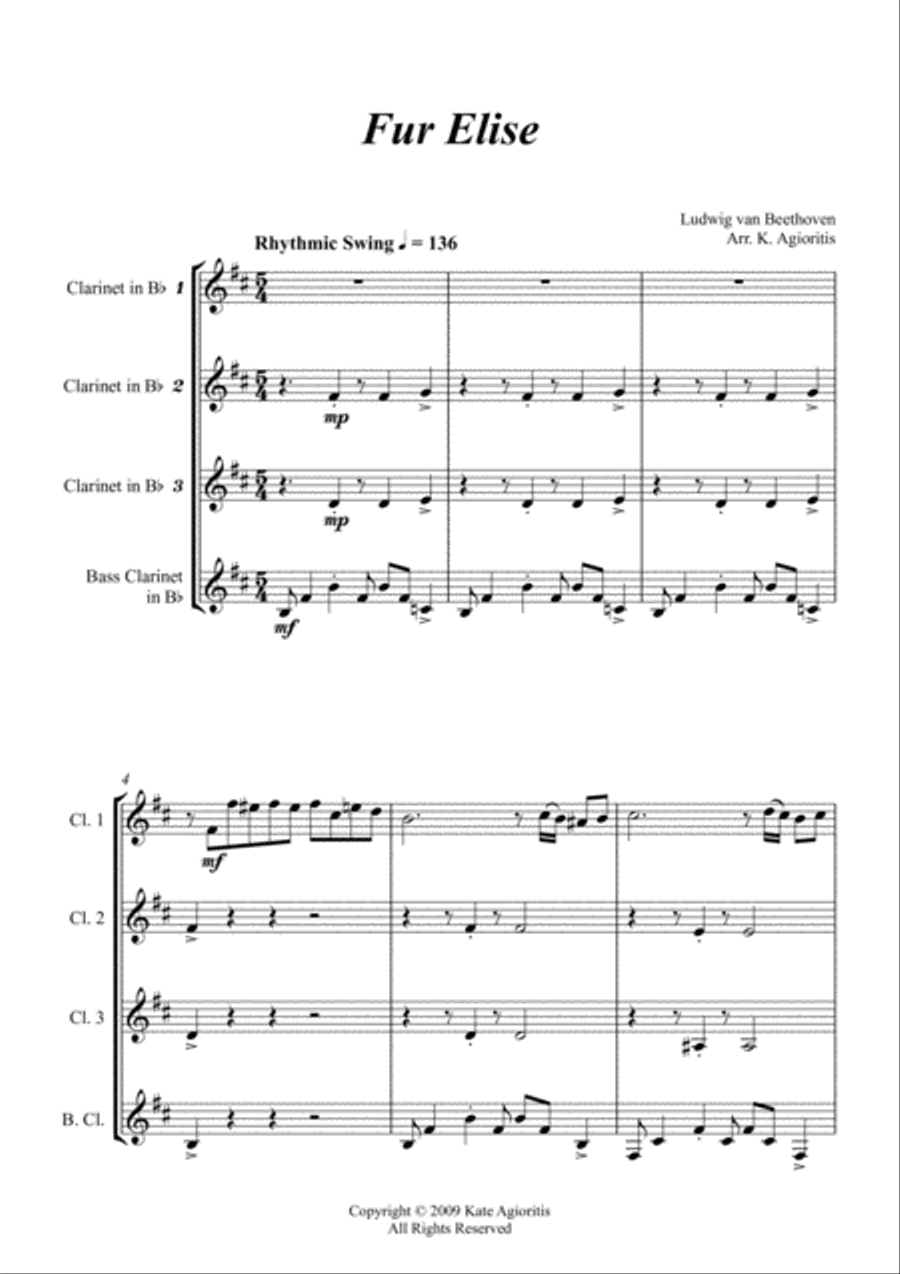 Fur Elise - Jazz Arrangement - for Clarinet Quartet Clarinet Quartet scores gallery preview page 2