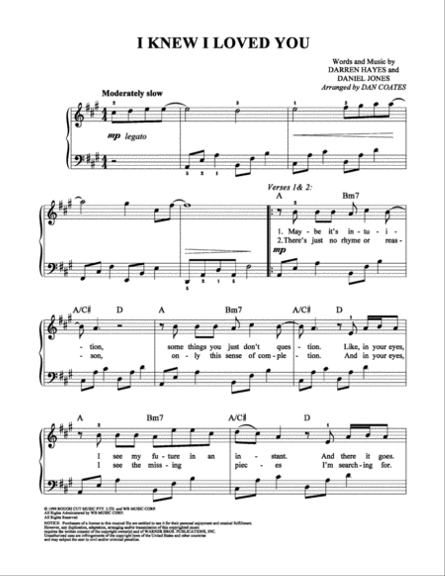 I Knew I Loved You Easy Piano scores gallery preview page 1