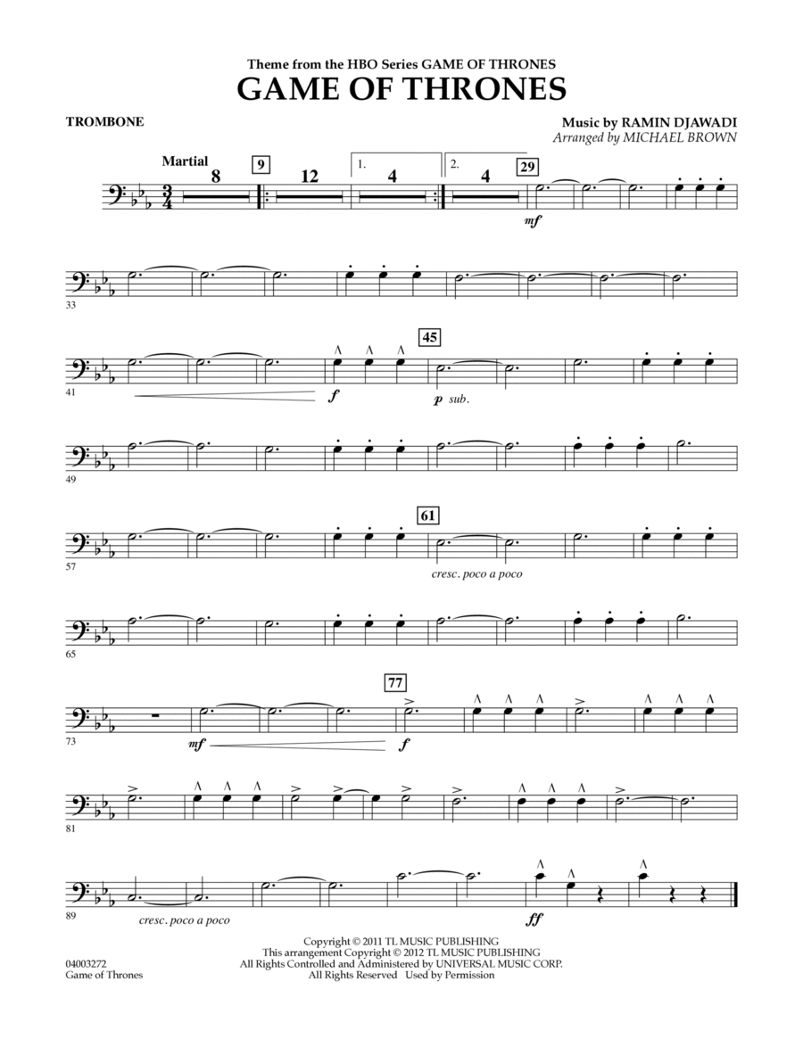 Game Of Thrones (arr. Michael Brown) - Trombone Concert Band scores gallery preview page 1