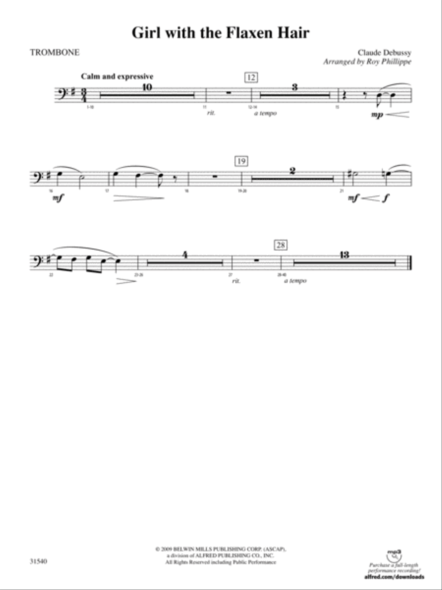 Girl with the Flaxen Hair: 1st Trombone Full Orchestra scores gallery preview page 1