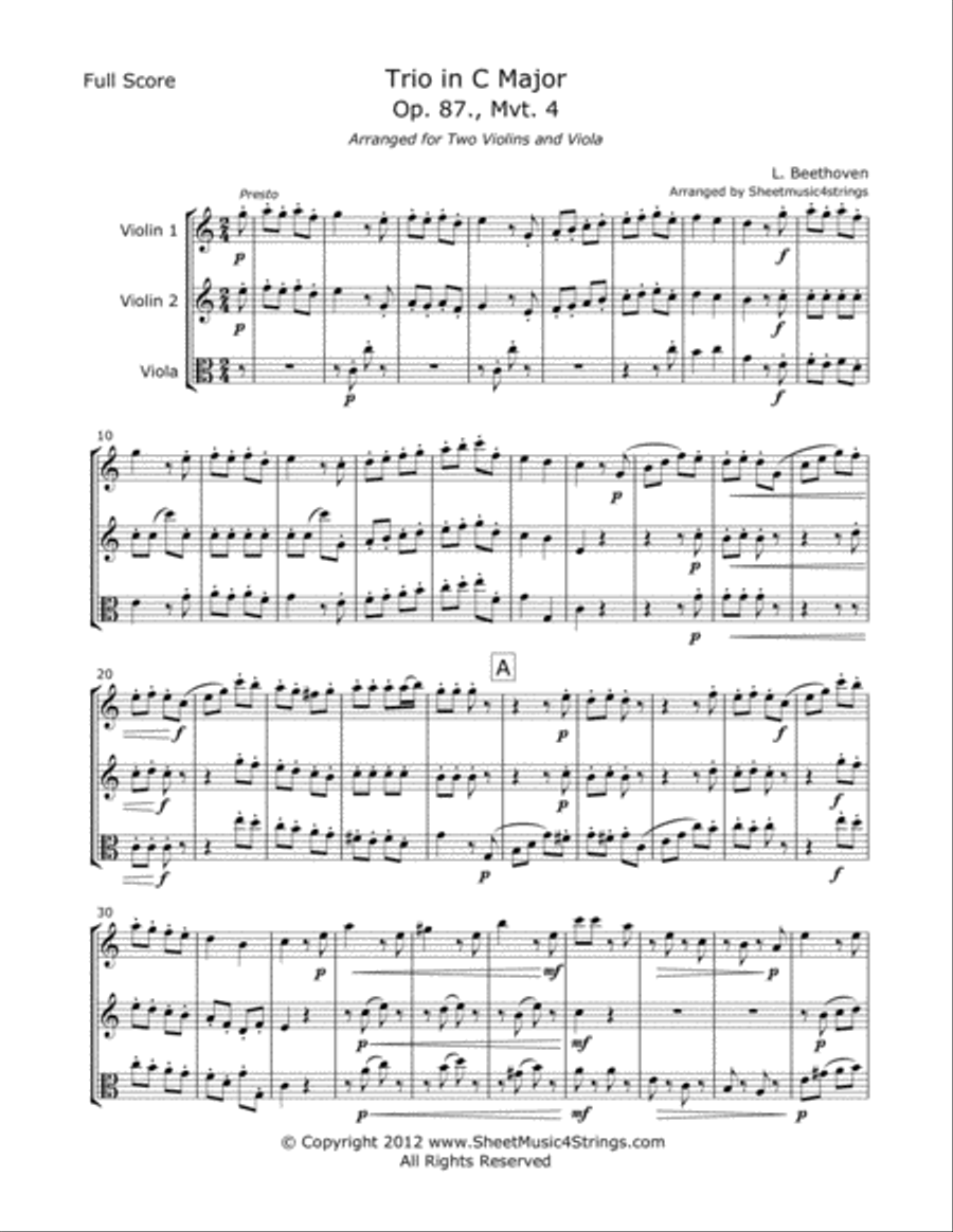 Beethoven, L. - Trio Op. 87 (Mvt. 4) for Two Violins and Viola String Trio scores gallery preview page 1