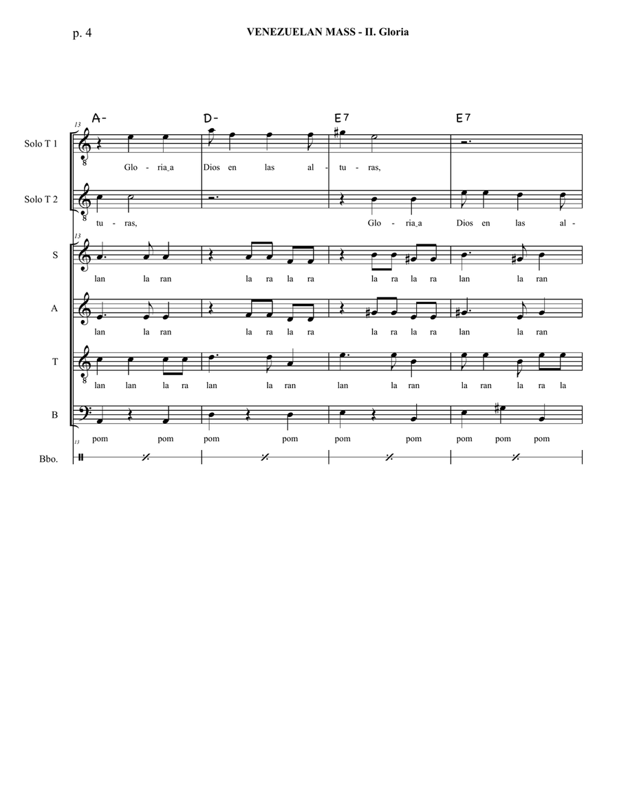 Venezuelan Mass - II. Gloria - Duo of Tenors soloists and SATB with Cuatro accompaniment and percuss 4-Part scores gallery preview page 5