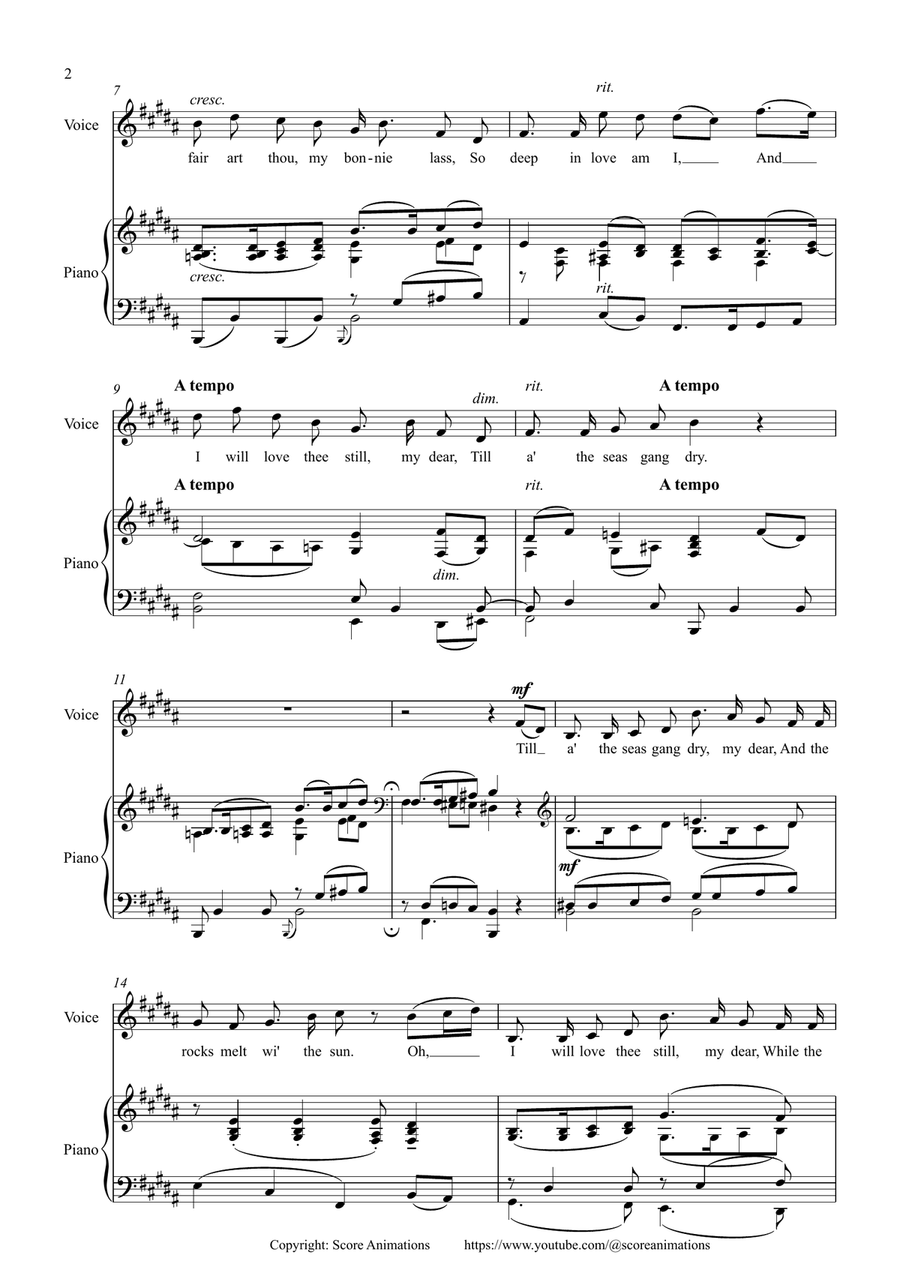 “Oh, My Love Is Like A Red, Red Rose“ in B major Voice scores gallery preview page 2
