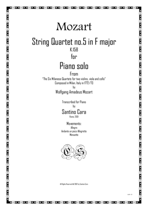 Book cover for Mozart – Complete String quartet no.5 in F major K158 for piano solo