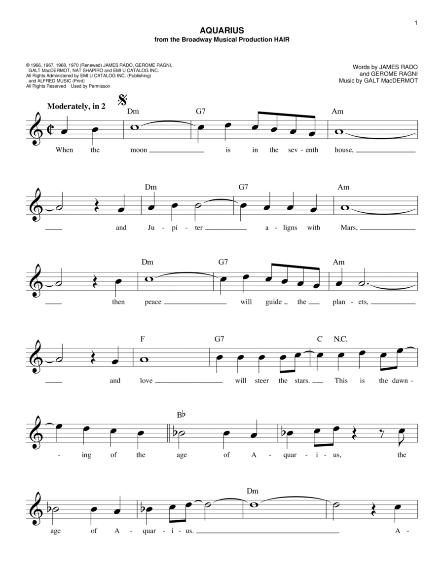 Aquarius Aquarius Piano scores gallery preview page 1