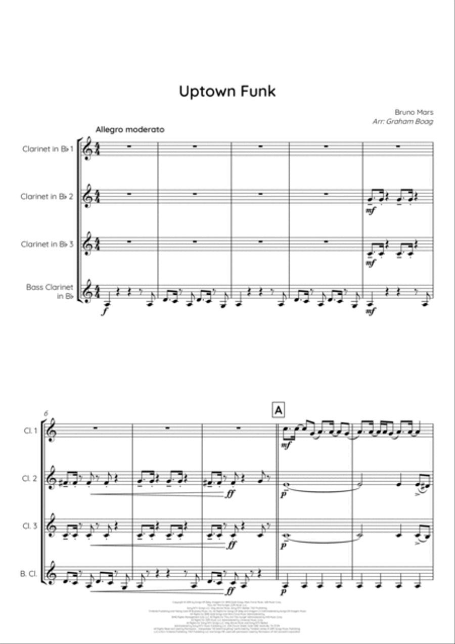 Uptown Funk Clarinet Quartet scores gallery preview page 3