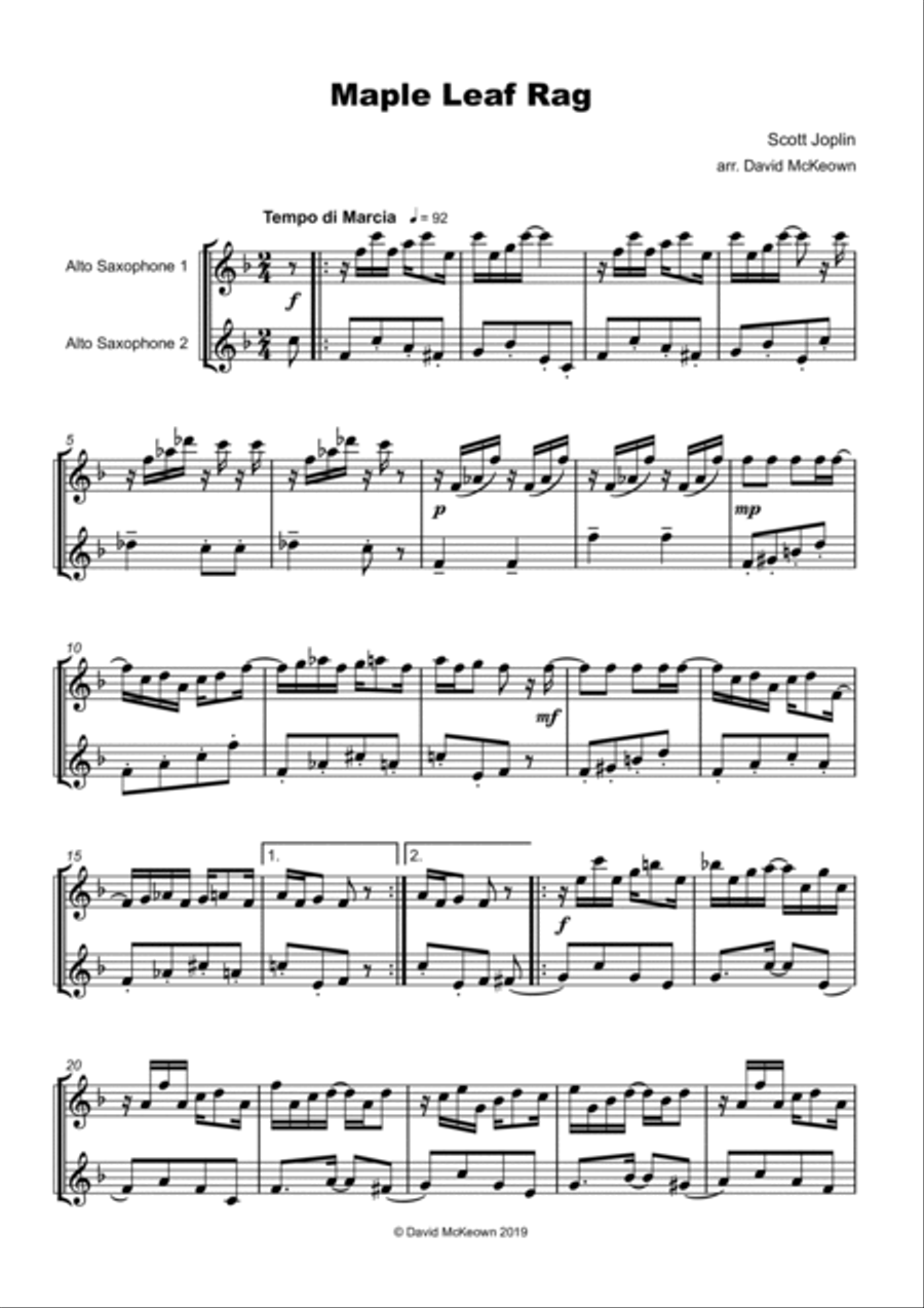 Maple Leaf Rag, by Scott Joplin, Alto Saxophone Duet Woodwind Duet scores gallery preview page 2